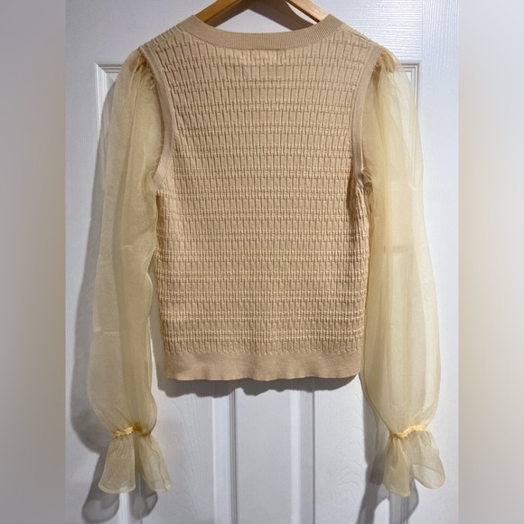 🛑 SOLD MAEVE Anthropologie L Cream Blouse Sheer Balloon Ruffle Trim Sleeves - Picture 5 of 12